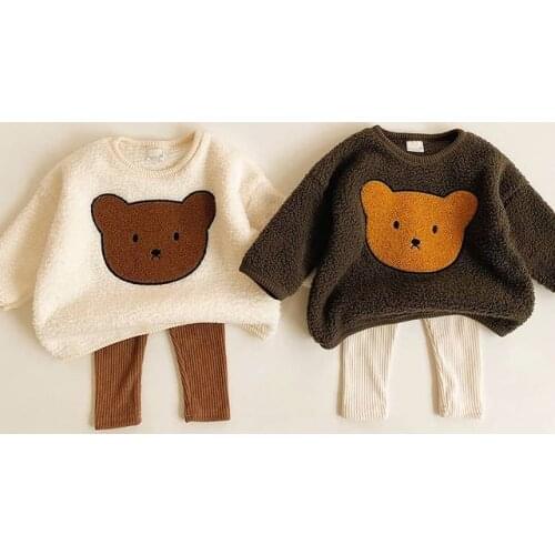 FOCUSNORM Lovely Baby Girls Boys 2pcs Clothes Sets Cartoon Bear Printed Long Sleeve Pullover Tops Solid Pants 0-24M