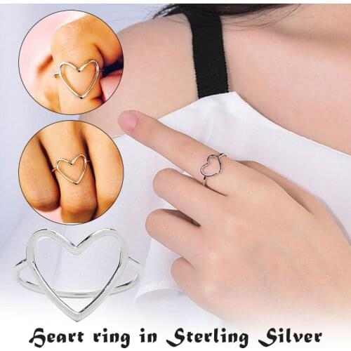 Statements Heart Ring S925 Sterling Silver Heart Shaped Ring Women Simple Hollow Love Adjustable Open Ring ALI88