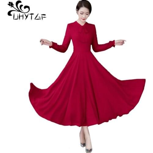 UHYTGF Fashion chiffon spring dress women Big swing temperament female long dress red black other elegant plus size dresses 1422