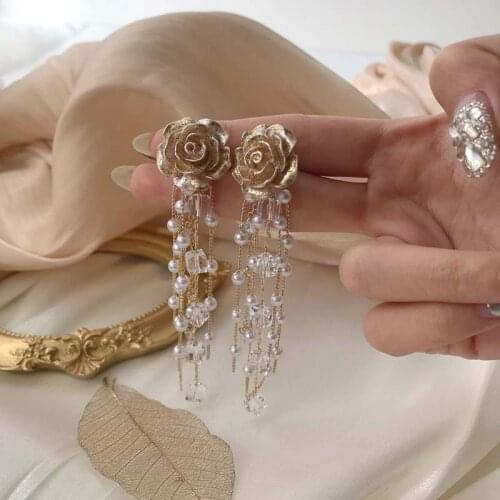 Fashion Women Rose Flower Long Tassel Dual-use Detachable Flower Pearl Earrings Persimmon Orange Pendant Earrings For Women