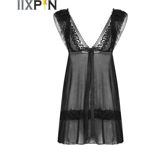 Mens Sissy Lingerie Sexy Mini Dress Babydoll See Through Sheer Mesh Dress Men Deep V Neck Ruffle Lace Dresses Sexy Nightwear