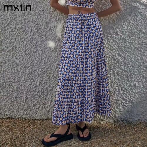 MXTIN 2021 Women Summer Fashion Geometric Print Patchwork Maxi Skirt Vintage Drawstring Elastic Eaist A line Skirt Vestidos
