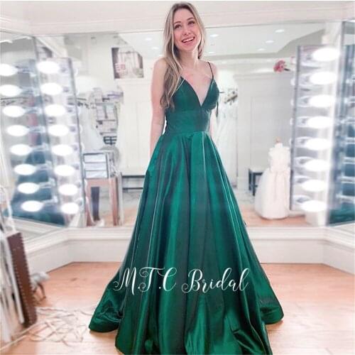 Charming Green Satin Long Formal Evening Dress V Neck Spaghetti Strap Sexy Prom Gowns With Pockets 2019 Vestido De Festa Cheap