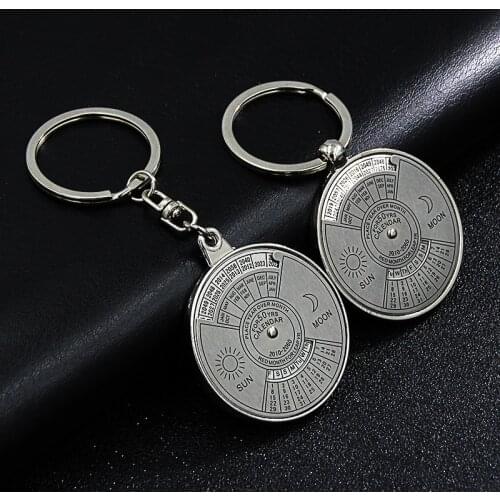 Creative Mini Commemorative Perpetual Calendar Keychain Ring Unique Metal Keyring 50 Years Sun Moon Carving Gift 2010 to 2060
