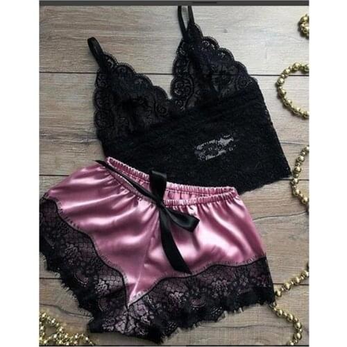 Sexy Women Lingerie Sleepwear 2Pcs Silk Satin Lace Bra Camisole+Shorts Pajama Sets Ladies Sleepshirts Robe Sleeveless Nightgown