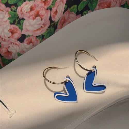 Retro Simplicity Blue Love Heart Dangle Earrings for Women Korean Trendy Sweet Jewelry Female Delicate Elegant Drop Earrings
