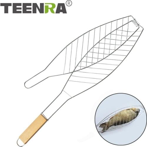 TEENRA Barbecue Meshes Camping Grill Fish Folder BBQ Clip Folder Wooden Handle Hinged Meat Vegetable BBQ Camping Tool
