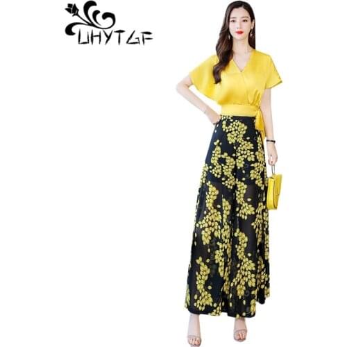 UHYTGF Summer 2 piece set women fashion sexy short top+Printed wide-leg pants sets female elegant summer two piece set women 897
