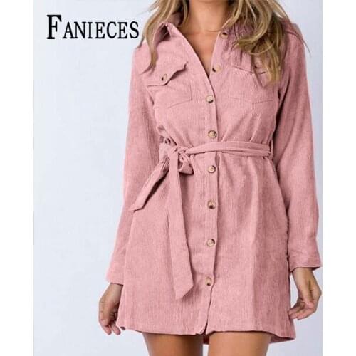 Spring Autumn Casual Pink Mini Dress Women Corduroy Lace-up Short Shirt Dresses Single-Breasted vestido de mulher femme robe