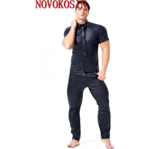 XX141 S-3XL 2019 New Fashion Black Faux Leather Plus Size Men Sexy Tops Tees DS Motorbike Short Sleeves Shirts With Button