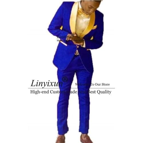Groomsmen Royal Blue Pattern Groom Tuxedos Shawl Gold Lapel Men Suits 2 Pieces Wedding Bridegroom ( Jacket+Pants) Custom Made