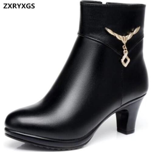 Stylish and Elegant Winter Shoes Woman Boots Ankle Boots 2021 New Shoes High Heels Plus Velvet Snow Boots Genuine Leather Boots