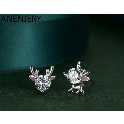 ANENJERY 925 Sterling Silver Cute Small Asymmetric Deer Earrings For Women Girl Christmas Earrings oorbellen S-E620