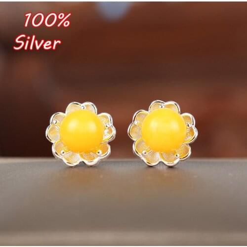 925 Sterling Silver Color Flower Stud Earrings Blank 6MM-8MM Round Cabochon for Women Fine Jewelry Setting