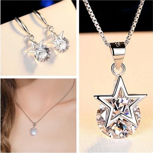 Top Quality 925 Sterling Silver Necklace Earrings For Women Jewelry Set Trendy Crystal Star Hooks Lady Choker Accessories Gift