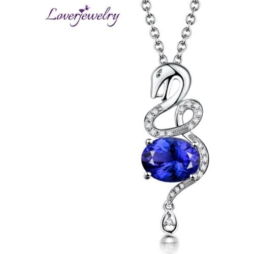 LOVERJEWELRY Elegant Snake Shape Tanzanite Pendant Necklace Oval 8x10mm Diamonds Jewelry Real 18K White Gold For Women Best Gift