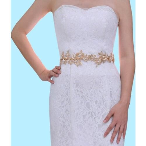 ZMSH353 Pearl Bride Wedding Dress Belt Golden Leaves Bridesmaid Dress Belts for Women Elastic Embellished Waist Womens Belt