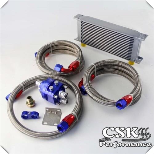 16 Row AN10 Universal Engine Transmission Oil Cooler British Type + Filter Adapter Kit Blue