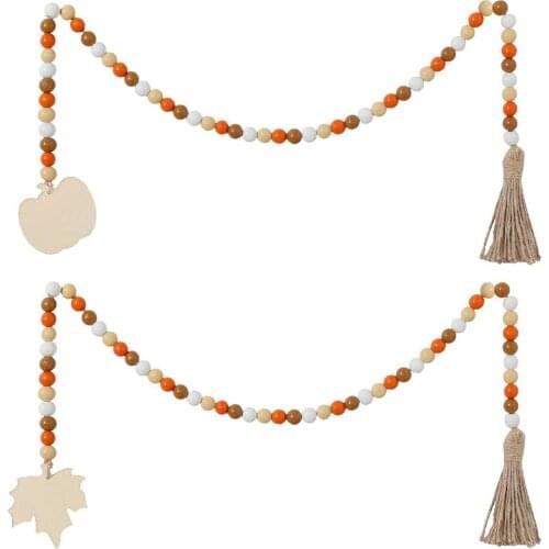 2Pack Halloween Wood Bead Garland Decorated with Pumpkin Wood Chip Tassel Party Favor Pendants Signs Wall Door Decorations
