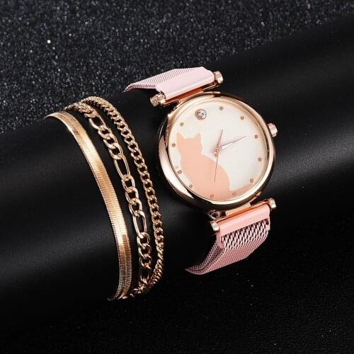 4pcs Women Set Watches Luxury Dress Magnetic Cat Pattern Pink Ladies Wrist Watch Bracelet Watch relogio feminino Dropshipping
