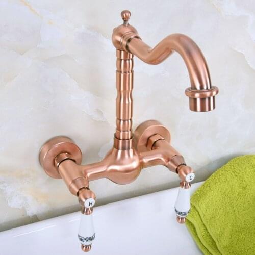 Antique Red Copper Brass Wall Mounted Bathroom Kitchen Sink Faucet Swivel Spout Mixer Tap Dual Ceramics Handles Levers anf951