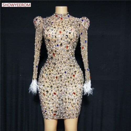 Sparkly Silver Rhinestone Mirror Elastic fabric short Dress Women Birthday Stage play Celebrate Dress Dancer Party Show Dress