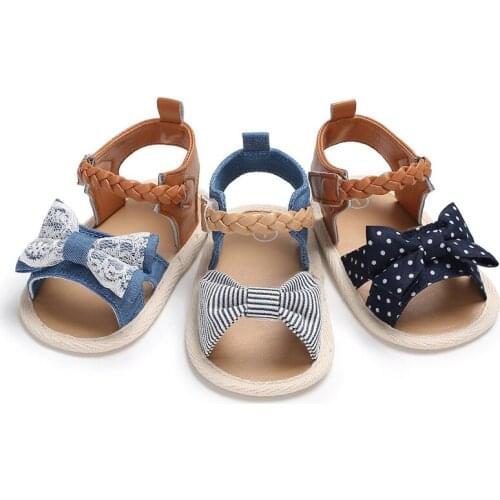 Infant Baby Shoes Girl Flats Sandals Soft Sole Anti-Slip Summer Bowknot Dot Stripe Lace Crib Shoes Newborn First Walker Hot Sale