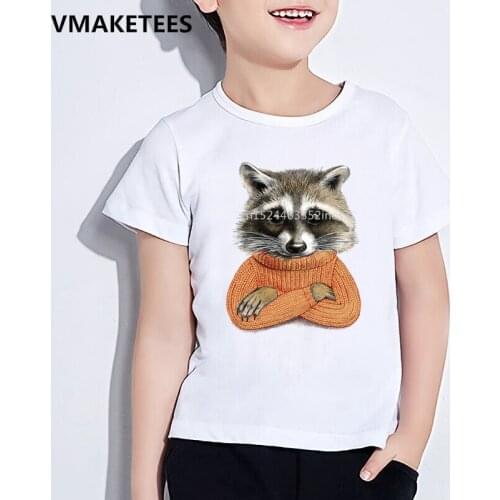 Kids Summer Girls & Boys T shirt Children Raccoon In Winter Sweater Print T-shirt Animal Casual Funny Baby Clothes,HKP2229