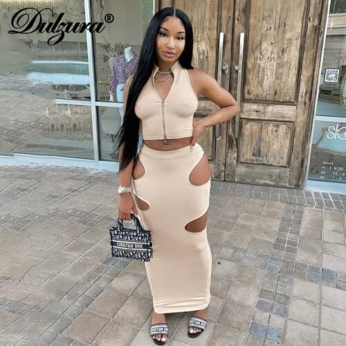 Dulzura 2021 Summer Women Zipper Tanks Hollow Out Midi Skirt Set Bodycon Sexy Streetwear Party Club Casual Tracksuit Outfit