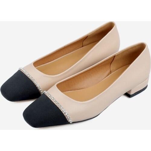Elegant Fashion Women Square Toe Genuine Leather Dress Low Heel High Quality Office Wedding Party Shoes Plus Size 45 46 D-217