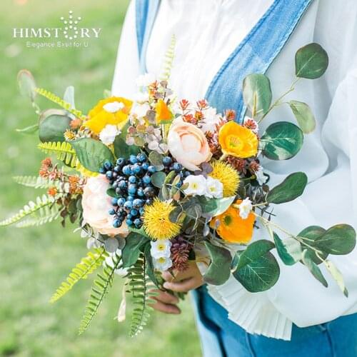 HIMSTORY Mix Color Silk Wedding Flowers Bridal Bouquets Floral Outside Wedding Bride Hand Holder Green Leaf Wedding Accessories