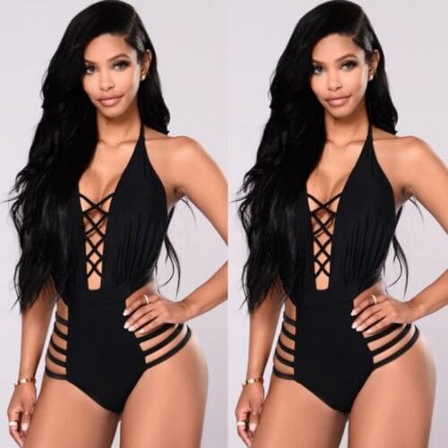 Hirigin Womens Hollow Out Tie Swim Romper Bikini Sleeveless Halter Bandage Plain Bathing High Waist Elastic Side Tie Swimwear