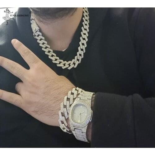 Iced Out 20mm Miami Prong Cuban Chain 3 Row crystal Full Rhinestones Necklace & Bracelet Mens Hip hop Jewelry Set Accessories