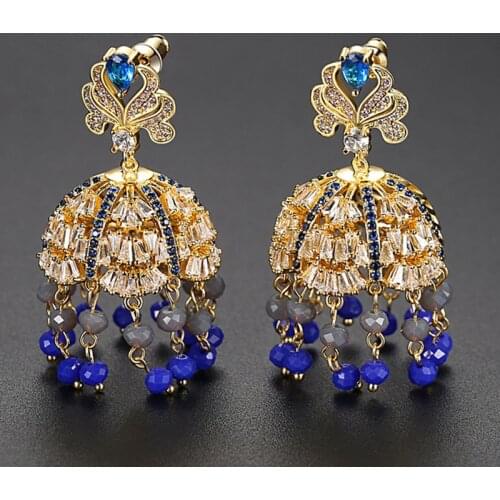 Indian Jhumka Earrings Bridal Jewelry Gold Color Beads Tassel Bell Drop Dangle Earrings Ethnic Gypsy Bollywood Jhumki Rhinestone