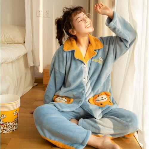2 Pieces Pajama Sets Thick Warm Pajamas Comfort Girl Cute Long Sleeves Homewear Pijama 2020 Winter New Flannel Sleepwear Women