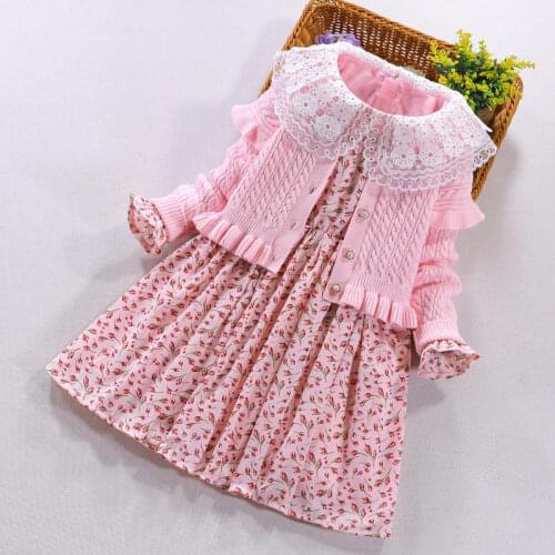 Girls Cloting set Spring Autumn Baby cotton sweater coat+lace lapel dress For girl princess party Sclool suit 2Pcs Kids clothing