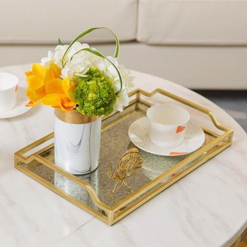 Creative golden light luxury household tea table, tea set, rectangular model room tray, luxury living room ornaments