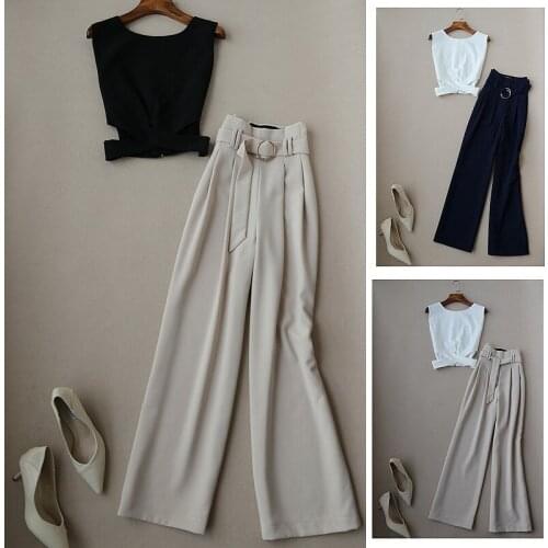 Summer Chic Criss-cross Short Zipper Chiffon Top + Fashion Wide Leg Full Length Suit Pants Office Lady Set