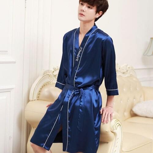 Nightgown Mens Bathrobe Satin Silk Imitation Silk Pajamas Mens Loose Thin Ice Silk For Bathrobe Homewear Sleepwear Grown
