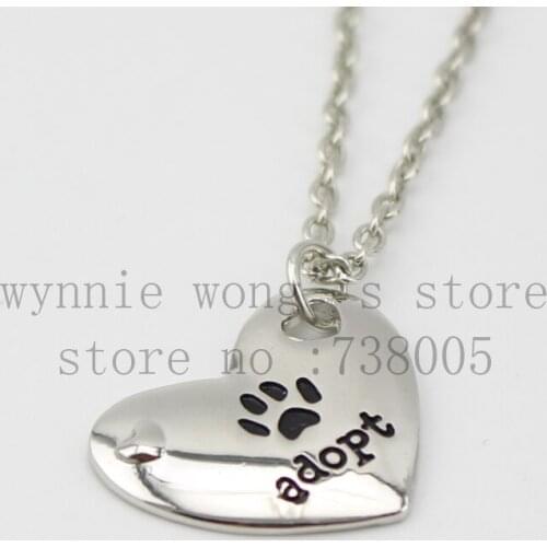 2015 new Silver ADOPT. Heart Shaped Pendant with Paw Print and Adopt Message Necklace Pet Rescue Paw Print Tag Wholesale Jewelry