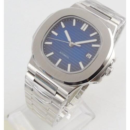 Luxury Mechanical Mens Watch 40mm Square Watch Case Auto Date Sapphire Glass Mental Strap Blue Sterile Dial MIYOTA 8215