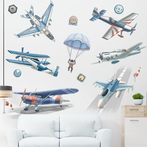 Aircraft Wall Stickers Boy Bedroom Kids Room Decor Aesthetic Nursery Self-adhesive Decals Living Room Wall Art Home Decoration