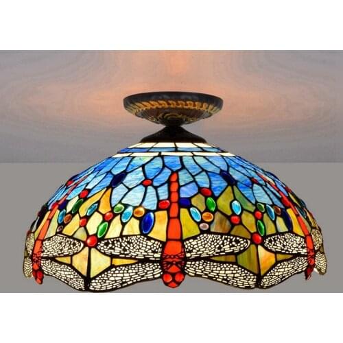 40cm European-Style Blue Dragonfly Tiffany Multi-Color Glass Restaurant Bedroom Corridor Porch Glass Ceiling Lamp
