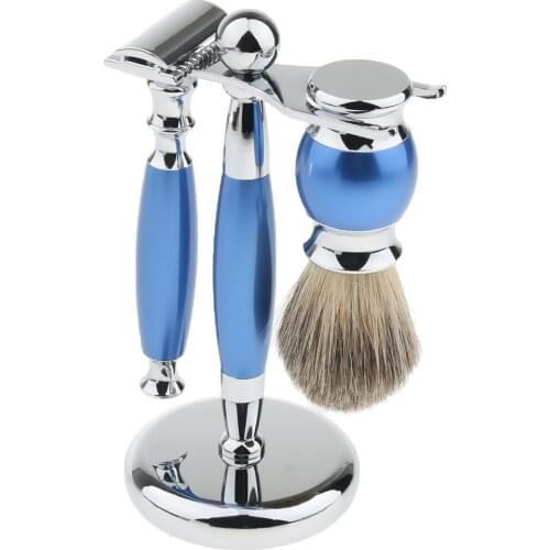 Traditional Luxury Grooming Shaving Set For Men - Including Double-sided Razors, Shave Brush, Alloy Stand Holder - Blue