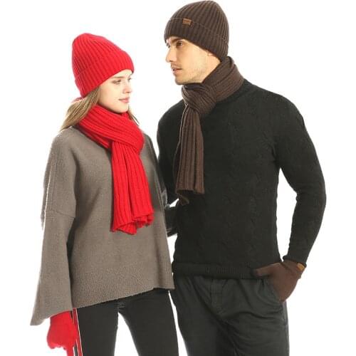 Knitted Winter hat and scarf Glove set For Men Women Hat Wool Skullies Female Cap and scarves Gloves set three Pieces Keep Warm