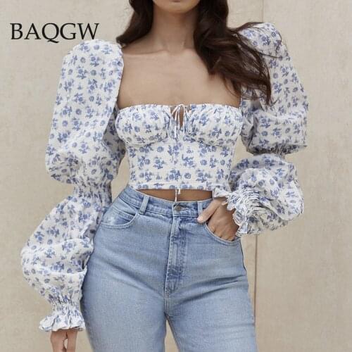 Vintage Floral Top Women Sweet Square Neck Long Puff Sleeve Ruched Drawstring slim Crop Top Autumn Woman Party Blouse 2021 New