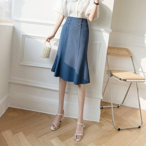 Korean Summer Fishtail Skirt Women A-line Skirt Ol High Waist Black Mid Skirt Women Blue Trumpet Knee-length Office Skirts Femme