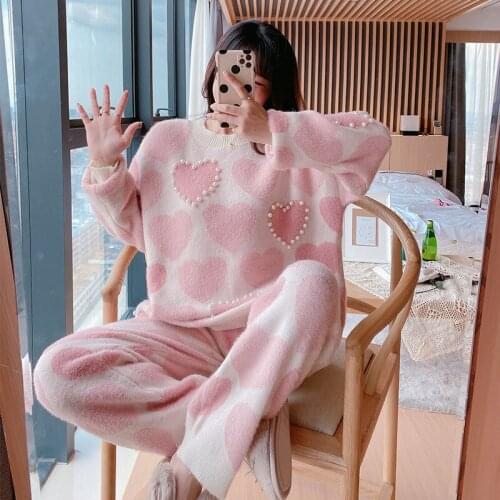 2020 New 2pcs Women Pajamas Knitted Pearls Love Heart Pullover Long Sleeve Sweater Suit Girls Pink Casual Comfortable Homewear