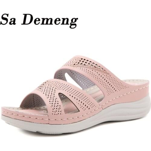 Sa Demeng Women Slippers, PU Leather Shoes Comfy Platform Flat Sole Ladies Casual Soft Sandal Shopping Flat Sole Sandal