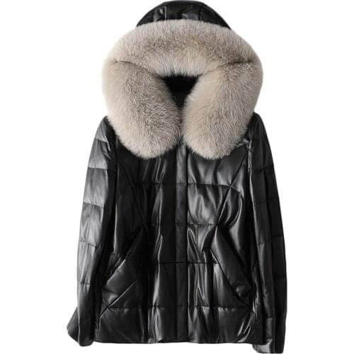 New Classic Leather Sheepskin Down Jacket Autumn Winter Fox Fur Hooded Black Coat Female with Pockets Casual Warm Soft Clothing